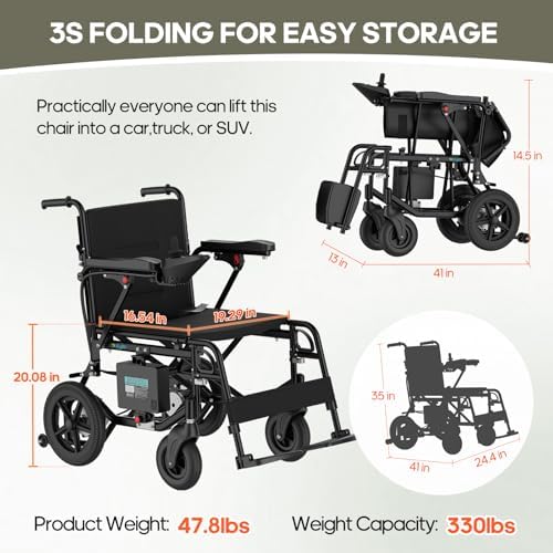 Electric Wheelchair for Adults Lightweight Foldable Electric Wheelchair for Seniors Motorized Wheelchair Power Wheelchairs for Adults 47lb (Black)