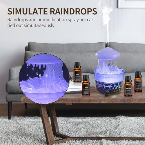 BOHOFAM Aroma Essential Oil Diffuser,Rain Cloud humidifier Simultaneously Water Drip and Air Mist,Rain Diffuser with 4 Hotel Collection Essential Oils for Home,Bedroom,Colorful Light(Black)