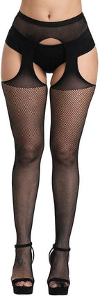 E-Laurels Womens High Waist Patterned Fishnet Tights Suspenders Pantyhose Thigh High Stockings Black