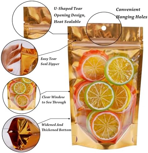 100 Pack Mylar Bags for Food Storage Resealable Aluminum Foil Stand Up Pouch with Window & Hang Hole 3.94×7.08 Inch Reusable Zipper Lock Food Packaging Heat Seal Bags for Small Business & Home - Gold