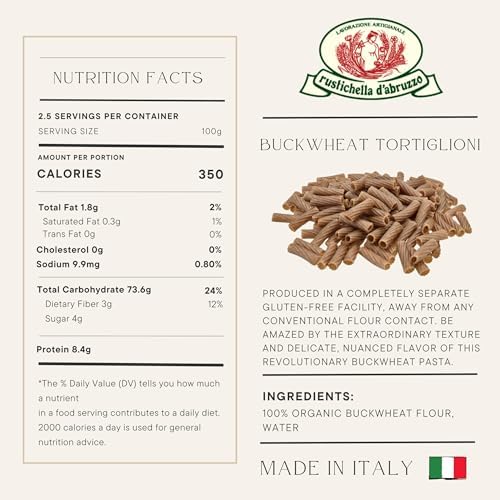 Rustichella d'Abruzzo Organic Buckwheat Tortiglioni, Grano Saraceno, Gluten-Free Pasta with Distinct Flavor, Artisan from Italy, 8.8 oz