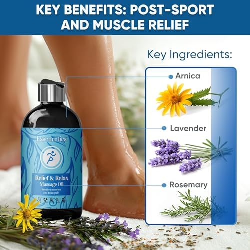 8 oz - Relief & Relax Sore Muscle Massage Oil with 100% Pure Arnica, Lavender & Rosemary Oils - Soothes Muscles & Joint with Relaxing Massage Oil for Massage Therapy