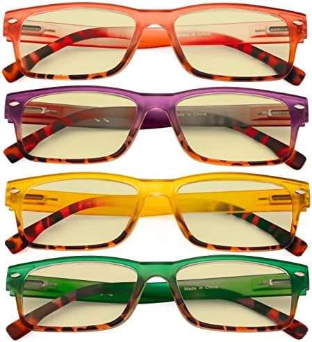 Eyekepper 4 Pack Computer Eyeglasses - Fashion Blue Light Blocking Readers for Women Men Yellow Tinted +0.00