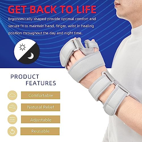 Stroke Resting Hand Splint - Night Immobilizer Wrist Finger Brace for Flexion Contractures, Functional 5 Finger Stabilizer Wrap - for Muscle Atrophy Rehab, Arthritis, Tendonitis, Carpal Tunnel Pain