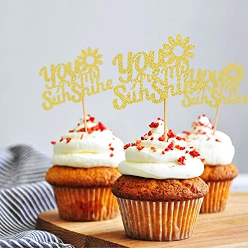 24Pcs Glitter Golden You are My Sunshine Cupcake Toppers for Sunshine Baby Shower Baby Gender Reveal Kids Boys Girls Birthday Cupcake Decorations Wedding Engagement Anniversary Party Decors