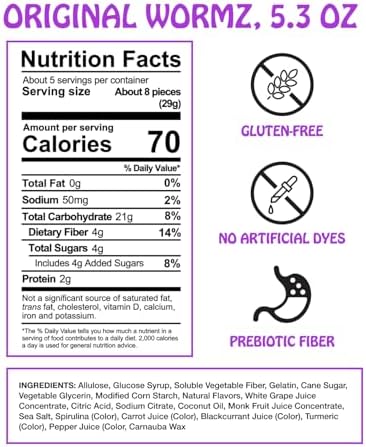 Rotten Original Gummy Worms - Low Sugar, Low Calorie, 7g Gut-Friendly Prebiotic Fiber and 3g Protein, Gluten Free Candy - 5.3 oz Share Pack [4 Pack]