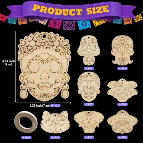 Generic 48-Piece Day of The Dead Sugar Skull Craft Kit - Unfinished Wooden Ornaments - DIY Paint & Hang - Adults