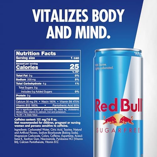 Red Bull Sugar Free Energy Drink with 151mg Caffeine plus Taurine & B Vitamins, 16 Fl Oz, Pack of 12 Cans