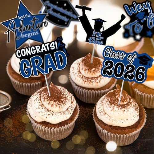 2026 Graduation Cupcake Toppers, 48 Pcs Class of 2026 Cupcake Toppers Congrats Grad Cupcake Picks for Dessert Food Pizza for Graduation Party Decorations (Blue Black)