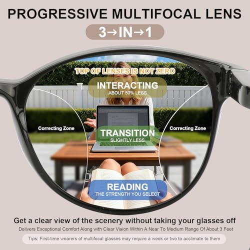 Distinctive Progressive Multifocus Reading Glasses Women, Retro Lady Anti Blue Light/Eye Fatigue Computer Reader, Vintage Round Frame No-Line Multifocal Eyeglasses (Black&Brown, +1.5)