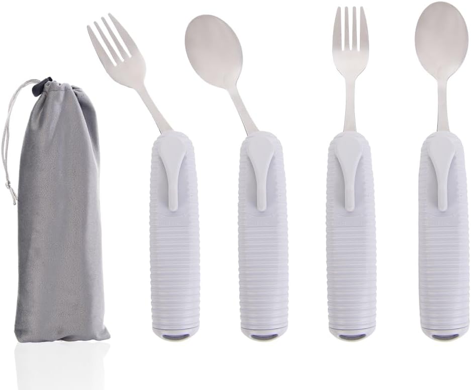 Pekokavo Adaptive Utensils Set, Angle Adjustable Arthritis Aid Silverware for Parkinsons, Hand Tremors, with Non-Slip Easy Grip Handle (4 Count (2 Spoon + 2 Fork))