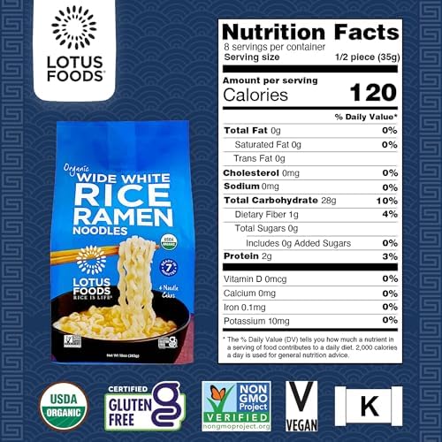 Lotus Foods Wide White Rice Ramen Noodles - Gluten Free & Organic Wide Rice Noodles for Soup Broth & Stir Fry, Wavy Asian Dried Rice Noodles, Vegan Friendly - 10 oz 4 Pack (Pack of 3)