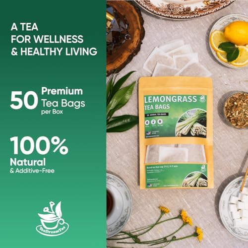 Lemongrass Tea Bags - 50 Bags (Premium Natural Pure Leaf Tea - 50 Count) Gluten-Free and Caffeine-Free Herbal tea for Relaxation, Wallness, Immune Support with Smooth Taste