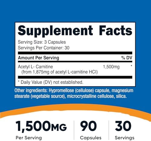 Nutricost Acetyl L-Carnitine (ALCAR) 1,500mg (from 1,875 of Acetyl L-Carnitine HCl) Per Serving, 90 Capsules for 30 Servings Per Bottle - Vegan, GMO-Free, Gluten-Free