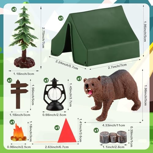 Hooqict Camping Cake Decorations with Mini Tent, Campfire, Tree, Camp Sign, Animal Camping Cake Toppers & Cupcake Toppers for Forest Camp Themed Birthday Party Decorations Supplies