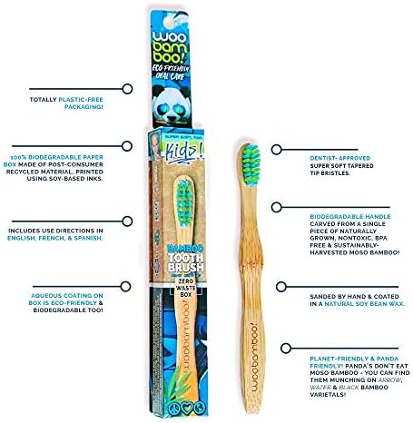 Bamboo Toothbrush + Zero Waste Packaging - Eco-Friendly, BPA Free Dental Grade Nylon Bristles, Biodegradable, Compostable, Vegan by WooBamboo! - Kids Super Soft Bristles