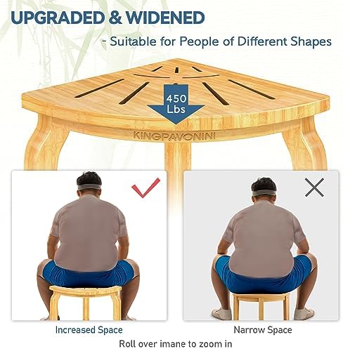 KingPavonini Bamboo Corner Shower Stool for Shaving Legs Foot Rest, Waterproof Bath Bench Seat with Storage Shelf for Bathroom Inside Shower, Hold Up to 450Lbs