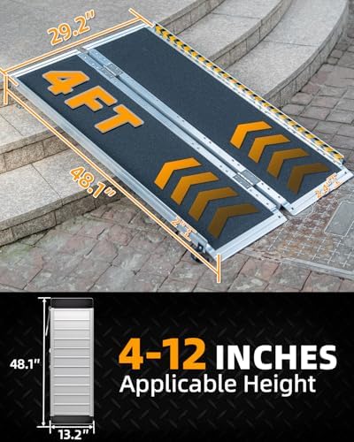 VNN Portable Wheelchair Ramp 4FT, Non-Slip Aluminum Ramps for Wheelchairs for Home, Handicap Wheelchair Ramps for Home Steps, Aluminum Loading Dock Plates, Doorways, Black