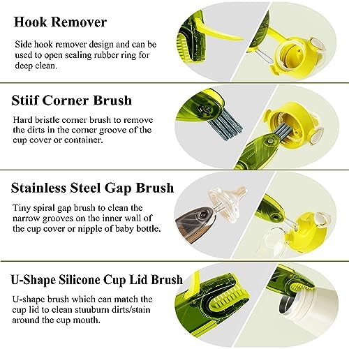 4 in 1 Cup Lid Cleaning Brush Set Multifunctional Bottle Brush Cleaner Tiny Bottle Cup Lid Brush Straw Cleaner Tools Mini Silicone Bottle Cup-Holder Cleaner with Hook Remover 1pc Bright Green