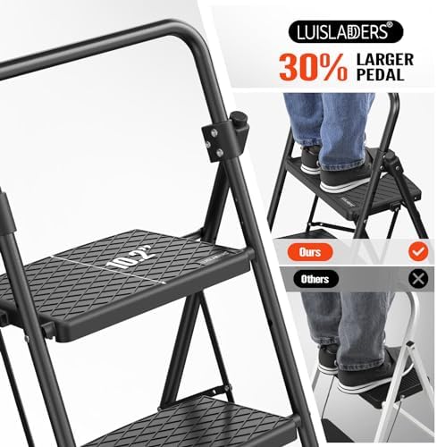 LUISLADDERS 2 Step Ladder with Handrails, Folding Step Stool with Widened Anti-Slip Pedal, 500lbs Lightweight Step Ladder 2 Step Folding, Multi-use for Home Kitchen Pantry Office, Black