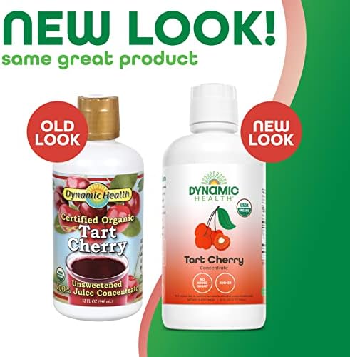 Dynamic Health Organic Tart Cherry Juice, Unsweetened 100% Juice Concentrate, Antioxidants Supplement, No Sweeteners or Additives, Vegan, Gluten Free, BPA Free (32oz)