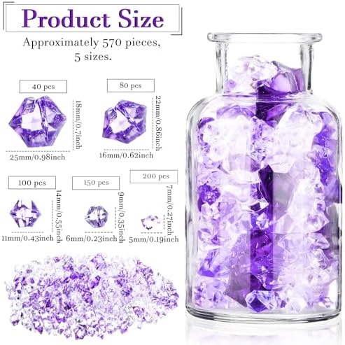 Syhood 570 Pcs 5 Sizes Purple and Clear Fake Crushed Ice Rocks Violet Acrylic Diamonds Plastic Gemstones Treasure Crystal Gems for Vase Fillers Table Scatter Centerpieces Wedding Decoration