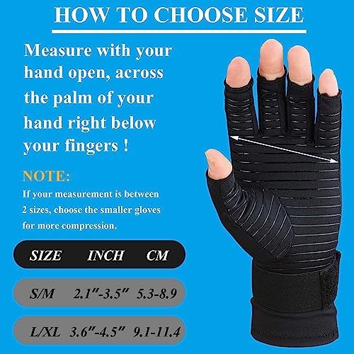 2 Pairs Copper Arthritis Gloves for Women Men, Fingerless Compression Gloves Relieve Hand Pain, Typing Gloves for Arthritis, Carpal Tunnel, Tendonitis, RSI with Adjustable Wrist Strap (Small/Medium)