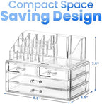 Masirs Clear Makeup Organizer - 16-Compartment Cosmetic and Jewelry Holder with 4 Drawers - Vanity Storage Box for Makeup, Skincare, Accessories, and Jewelry Display