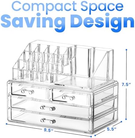 Masirs Clear Makeup Organizer - 16-Compartment Cosmetic and Jewelry Holder with 4 Drawers - Vanity Storage Box for Makeup, Skincare, Accessories, and Jewelry Display