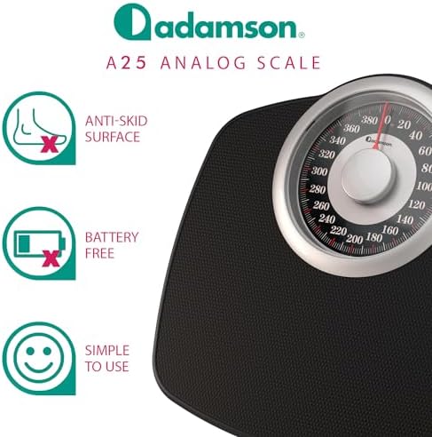 Adamson A25 Scales for Body Weight - Up to 400 LB - New Version - 5.3" Dial on 12.4" x 10.2" Platform - Anti-Skid Rubber Surface - High Precision Bathroom Scale Analog - Durable with 20-Year Assurance