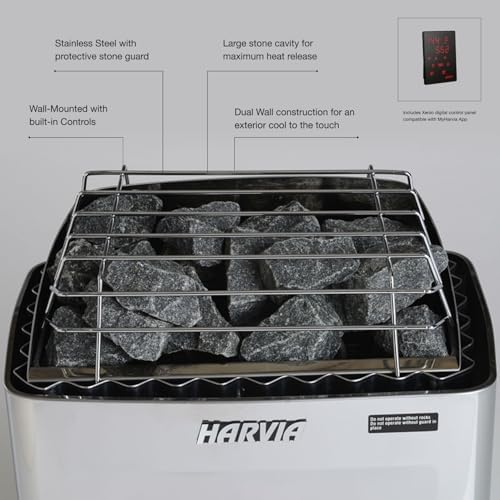 Harvia KIP Sauna Heater, Wall Mounted Electric Sauna Stove, Stainless Steel 220v Heater with Sauna Stones Included, Large Stone Cavity for Maximum Heat Release (8kW - Digital Controls)