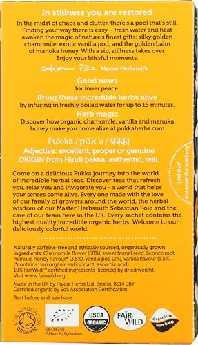 Pukka Calming Chamomile, Vanilla & Manuka Honey Organic Herbal Tea, Soothing Organic Tea Infusion Selection, Honey & Fennel Blend, Caffeine Free, 20 Total Tea Bags
