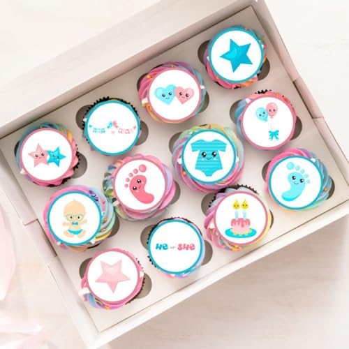 24 Boy/Girl Theme Gender Reveal, Baby Shower Edible Cupcake Toppers - Stand Up Discs Wafer Cake Decorations, 24 x 4cm / 1.5 Inch Wafer Card Discs UNCUT