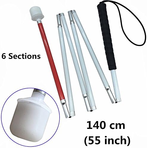 VISIONU Aluminum Mobility Folding White Cane for Vision Impaired and Blind People (Folds Down 6 Sections) (140cm (55 inch), Black Handle)