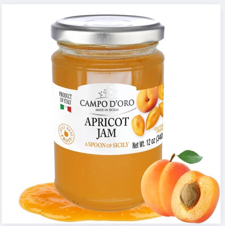 Campo D'Oro Sicilian Apricot Jam – Italian Marmalade – 100% Real Fruit – No Additives – Apricot Preserve Made from Italian Fruit – 12 oz (340g)