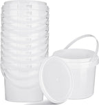 Gerrii 10 Pack White Plastic Bucket with Handle and Lid Food Storage Bucket Containers All Purpose Pail for Multipurpose Paint Water Art Crafts Projects Garage Organization (White,1.5 Quart)