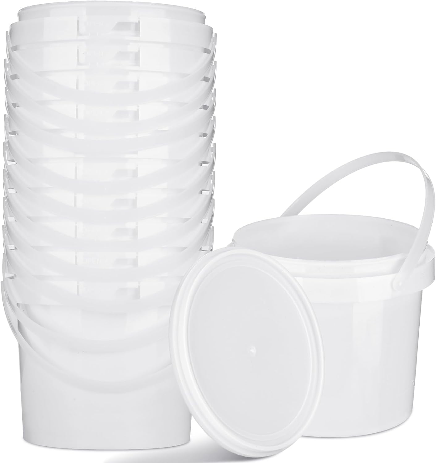 Gerrii 10 Pack White Plastic Bucket with Handle and Lid Food Storage Bucket Containers All Purpose Pail for Multipurpose Paint Water Art Crafts Projects Garage Organization (White,1.5 Quart)