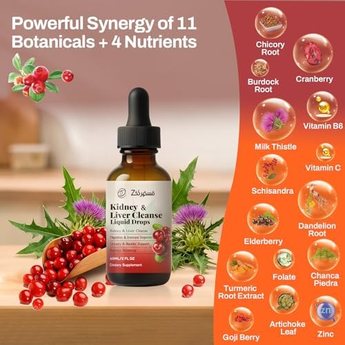 Kidney Cleanse Drops with Cranberry Extract, Milk Thistle, Chanca Piedra & Artichoke - Herbal Supplement for Liver Kidney Detox & Urinary Tract Support, 60ml