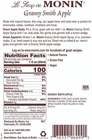Monin - Granny Smith Apple Syrup, Great for Cocktails and Lemonades, Gluten-Free, Non-GMO (1 Liter)