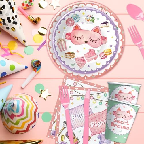 Sleepover Party Supplies For Girls - Pajama Party Decorations Tableware, Disposable Paper Plate, Napkin, Tablecloth, Fork, Sleep Over Slumber Birthday Party Supplies Dinnerware | Serve 24