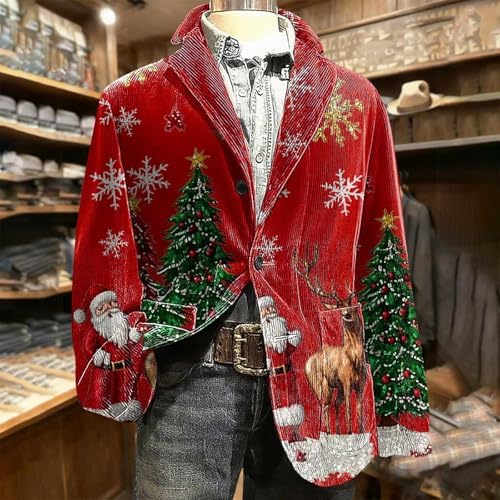 Christmas Suit for Men Lightweight Xmas Printed Corduroy Blazer Casual Button Holiday Jacket with Pockets Blazer