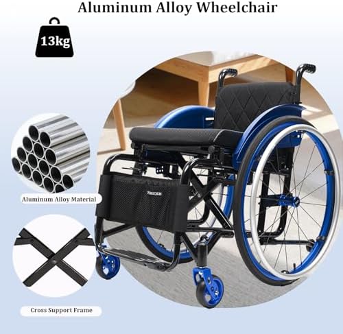 Portable Ultra Lightweight Folding Wheelchair, Self-propelled Manual Chairs, with Handbrakes and Quick Release Rear Wheels(Blue,16.5in Seat Width)