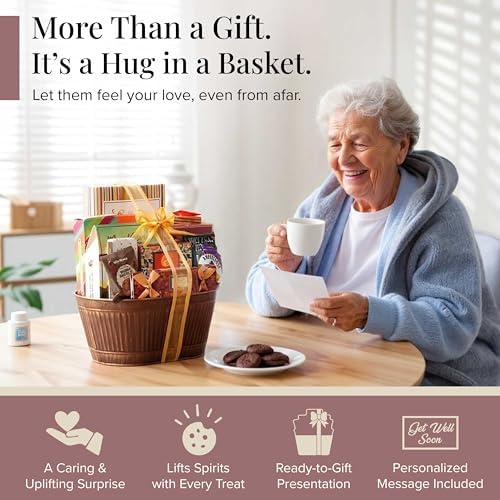 Broadway Basketeers Get Well Basket – Gourmet Care Package with Snacks, Cookies, Chocolates & Treats - Get Well Soon Gift Baskets for Women, Men After Surgery - Feel Better Best Food Gifts to Send