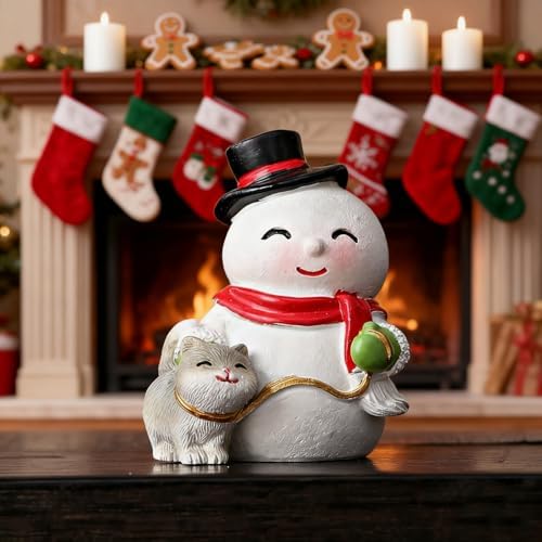 Christmas Statue Decorative Xmas Cute Snowman Figurine Holiday Present Atificial Stone Cartoon Snowman Figurine Christmas Desktop Ornaments for Home Desk Dining Table Bookshelf Display Decorations