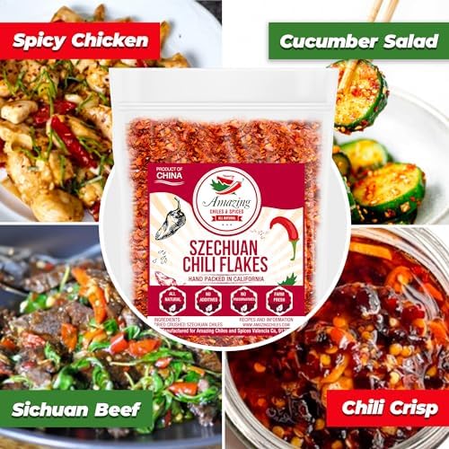 Sichuan Chili Flakes, 1LB (16oz) - Traditional Red Pepper Spices and Szechuan Seasoning for Thai, Korean, Mexican, and Asian Dishes, Authentic Medium Hot Flavor for Kimchi, Pizza, Tacos, or Oils by Amazing Chiles and Spices