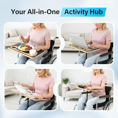TYYIHUA 2-in-1 Wheelchair Tray Table & Seat Cushion Combo | Fits 17"+ Seat Width | Adjustable Bamboo Lap Desk with Quick-Release | for Electric & Transport Wheelchairs, Adults & Seniors