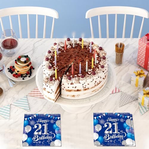 21st Birthday Decorations for Him 40 PCS Blue Silver 21st Birthday Napkins for Man Women of Happy 21 Years Old Theme Party Decorations Supplies