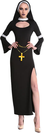 GRAJTCIN Halloween Nun Costume for Women Plus Size 4-Pcs Mother Cosplay Dress Scary Nun Habit