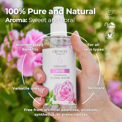 Essences Bulgaria | Organic Rose Floral Water 4.7 Fl Oz | 140ml | Rosa damascena | 100% Pure and Natural | Anti-Age Refreshing Beauty Mist | Alcohol-Free | Makeup Remover | Hydrating | Vegan
