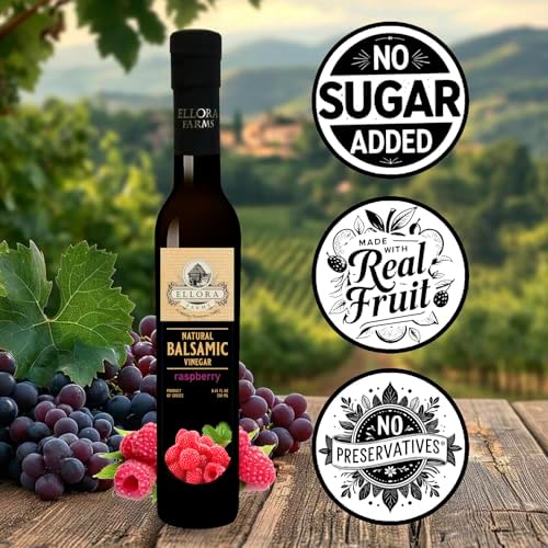 Ellora Farms, Raspberry Balsamic Vinegar, Thick and creamy, Barrel aged, No-added sugar, Award Winning, Glass bottle, 8.45 oz., Pack of 1